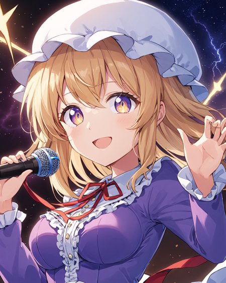 maribel hearn,1girl, solo, mob_cap, purple_dress, open_mouth, looking_at_viewer, long_sleeves, holding_microphone, red_ribbon, white_headwear, upper_body, frills, smile, neck_ribbon, lightning_bolt_symbol, breasts
<lora:maribel_hearn_image1596_2023-12-20-000014:1>,star-shaped_pupils,symbol-shaped_pupils,. gorgeous,key visual, vibrant, studio anime,award-winning, professional, highly detailed,high budget, cinemascope