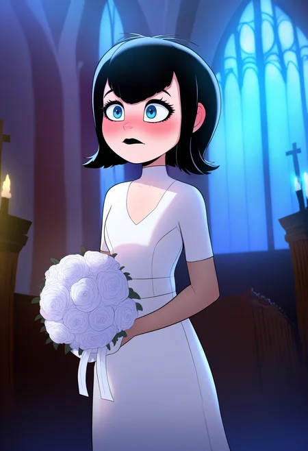 best quality, amazing quality, very aesthetic, absurdres,
1girl, mavis, black hair, bangs, blue eyes, black lips,
blush, wedding dress, white dress, long dress, night, church, dark, holding bouquet,   <lora:MavisNoobXL_byKonan:1>