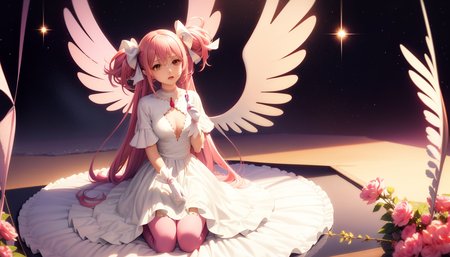 masterpiece, best quality,1girl, ultimate madoka, long hair, solo, pink hair, kaname madoka, wings, thighhighs, yellow eyes, two side up, planet, gloves, earth (planet), dress