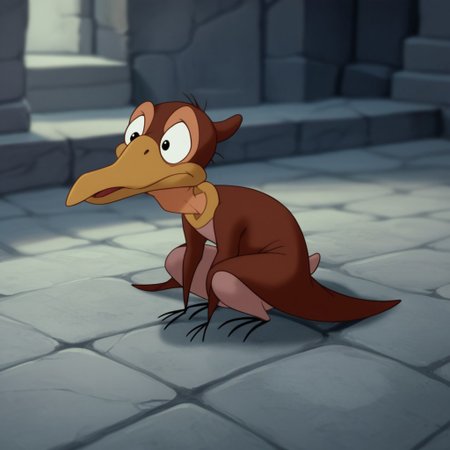 score_9, score_8_up, score_7_up, score_6_up, source_furry, Petrielbtv2, feral, male, Pteranodon, brown skin, black eyes, membranous wings, winged arms, squatting, arms between legs, head turned, stone floor,