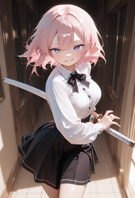 (masterwork, masterpiece, best quality, hyper-detailed, 8k uhd:1.4), 
1girl, solo, CivChan, purple eyes, pink hair, medium hair, school uniform, standing looking sweet, coy, smiling sweetly, dark background, 
iaidou,weapon, katana, holding sword, ready to draw, sheathed, unsheathing, scabbard,
masterpiece, extremely aesthetic, highly detailed, dynamic composition, vibrant colors, vivid colors, saturated,
<lora:LoraILXL10_YamiStyle_v1:0.8> <lora:CivChan:1>   <lora:iaido_Illust_v1:1>