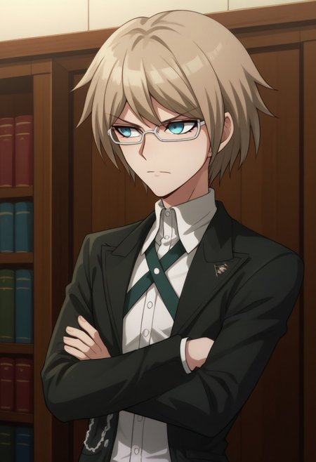 score_9, score_8_up, score_7_up, source_anime, highly detailed, 
togami, 1boy, male focus, solo, shirt, glasses, jacket, bangs, crossed arms, collared shirt, upper body,
white shirt, short hair, black jacket, long sleeves, open jacket, open clothes, closed mouth, dress shirt,
chain, semi-rimless eyewear, blue eyes, brown hair, shiny hair,
indoor, books, bookshelf,