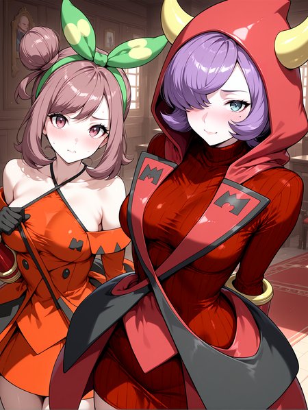 IllustriousQual <lora:cfg_scale_boost:0.3> <lora:StS-Illustrious-Detail-Slider-v1.0:3>,detailed_background,indoors,team magma,pokemon oras,courtney \(pokemon\),hair over one eye,pokemon,2girls,short hair,looking at viewer,red jacket,red dress,purple hair,multiple girls,blush,junjun \(kimi-la\),single side bun,horned hood,medium breasts,horns,hair bun,voice actor,orange dress,highres,solo,criss-cross halter,dress,breasts,sidelocks,off shoulder,fake horns,hairband,off-shoulder dress,black gloves,nintendo,brown hair,brown eyes,turtleneck sweater,side ponytail,mole,team magma uniform,green eyes,hood up,flower hairband,game freak,gradient clothes,hood,halterneck