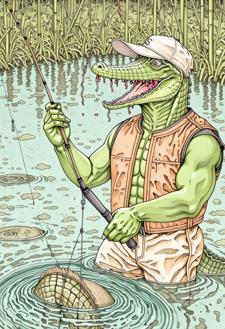 skstyle, horror (theme), highly-detailed, best quality, masterpiece, very aesthetic, 1boy, solo, crocodile, muscular, fishing, holding, fishing rod, swamp, baseball cap, partially submerged, vest