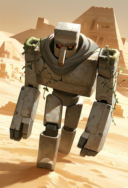 masterpiece, best quality, amazing quality, very aesthetic, absurdres, newest, cinematic, movie scene, foreground blur, detailed background,
ironglem, no humans, , black sclera, red pupils,  standing, solo, robot, big nose, long nose, no mouth, plant, grey metal body, vines, mecha, moss, ,  thick gray monobrow, big arms, red pupils, wide shoulders, big body, short legs
in desert, grey scarf, grey cloak, cloaked up, strong winds, sand storms, sand dunes, egyptian pyramids, desert ruins, clothes blowing in the wind, torn clothes, dynamic pose, walking, walking pose, dynamic angle, solo, alone,