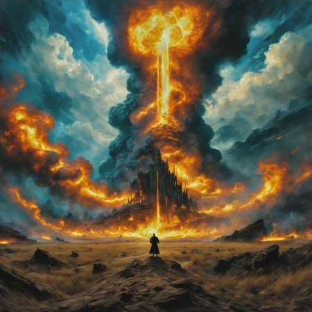 "It almost seemed ridiculous,
One lone figure, cloaked in black hooded robes billowing in the wind, standing against an entire army,
But when he spoke it was clear the army would not stand a chance,
"Principalis eos sum",
I am the main one,
he struck again and again, the rapier glinting, with the speed of a viper, moving like lightning, possessing the fury of a thousand gods,
He was immortal, and they were not, 
and when the dust settled, 
he was the only one left standing, the fields burning in his wake,"
score_9, score_8, score_7_up, ultra cool, violent, epic sweeping overview, visual storytelling,