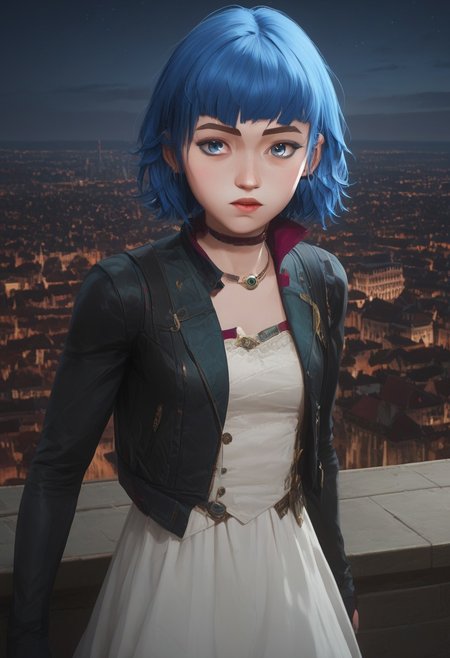 score_9, score_8_up, score_7_up, zPDXL3, ((masterpiece)), ((best quality)), 8k, high detailed, ultra-detailed, highres, intricate details, depth of field, bokeh, detailed, LP_powder, short hair, blue hair, blue eyes, freckles, dress, white dress, jacket, open jacket, black jacket, long sleeves,  open clothes, portrait, upper body, cityscape
