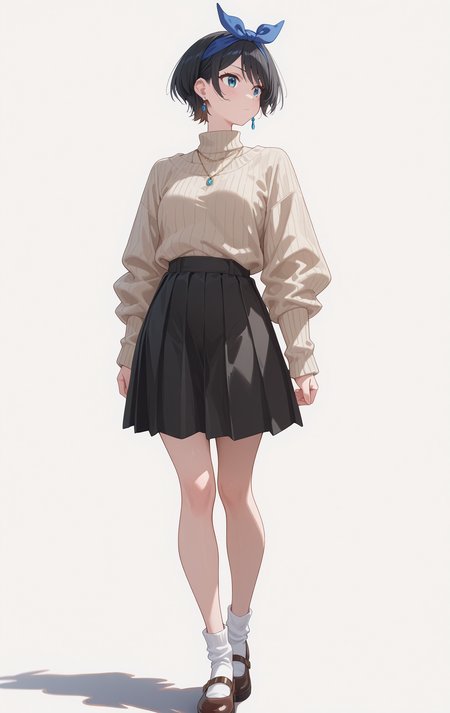 perfect quality,high quality,masterpiece,best quality,amazing quality,very aesthetic,absurdres,Cinematic Lighting,newest,Tactical use of shadow,
front view,full_shot,Raised lip snarl,
SarashinaRukaCYQL,1girl,solo,short hair,black hair,bangs,hairband,blue hairband,blue ribbon,blue eyes,jewelry,necklace,earrings,turtleneck,sweater,ribbed sweater,skirt,black skirt,pleated skirt,socks,white socks,mary janes,brown footwear,
full body,standing,covering_face,,
violet background,simple background,
<lora:ponyv4_noob1_2_adamW:0.7>,<lora:spo_sdxl_10ep_4k-data_lora_webui:0.6>,<lora:USNR STYLE_XL_loha:0.45>,<lora:illustrious_all_rated_v1:0.7>,<lora:96YOTTEA-WAI:0.8>,,<lora:SarashinaRukaCYQL:1>,