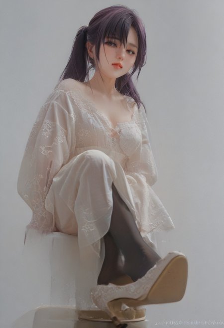 simple background, white background,
1 girl, perfecteyes,solo,dress,off-shoulder dress,black pantyhose,fine fabric emphasis,cleavage
wince, nose blush, blush, 
BREAK
clothes pull, pulled by self，crossed legs, sitting on object,high heels shoe dangle,
BREAK
,view from below,upbody foucus(close up:1.1),
BREAK
mona megistus, long hair, bangs, hair between eyes, twintails, dark purple hair, grey eyes,, mature body,thicc thigh,（saggy breast:1.3）,medium breast,(aparted breast:1.3),<lora:RealisticSkinv1_ponyv6_loraplus:1.15:start=15>real skin,
BREAK
score_9, score_8_up, score_7_up, score_6_up, score_5_up, score_4_up,ng_deepnegative_v1_75t,easynegative,FMT