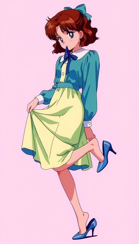 masterpiece,best quality,amazing quality,1990s \(style\),OsakaNaru ill,1girl,solo,blue eyes,short hair,brown hair,hair bow,single shoe,ribbon,dress,high heels,mouth hold,shoe dangle,hair ribbon,<lora:OsakaNaru ill:0.8>,