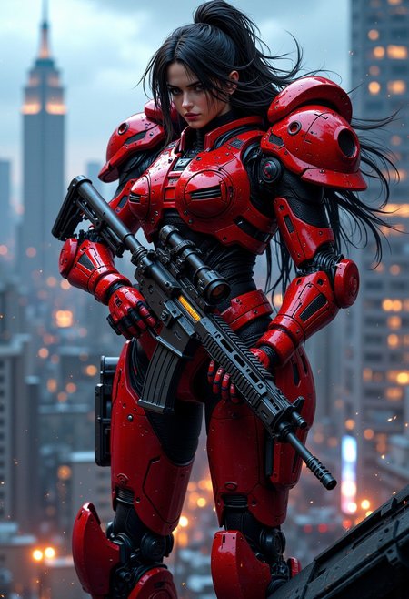 mythp0rt, hkevil, BREAK, A cyberpunk female mecha, long flowing hair, red power armour with neon accents, standing on the roof of a skyscraper, holding a powerful assault rifle with both hands, realistic textures, ultra-high definition, photorealistic, highly detailed, dramatic lighting, sharp focus, cinematic, hyperrealism, dark and mysterious atmosphere, great lighting