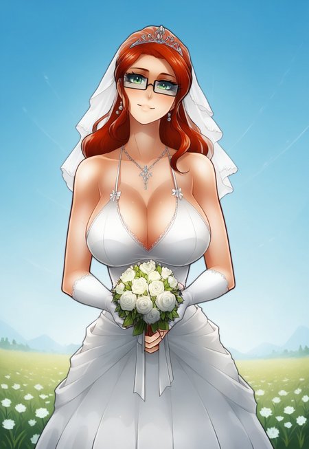score_9, score_8_up, score_8, score_9, masterpiece, source_cartoon, field, farmland, under tree, wedding alter, 1girl, JagoSophie, solo, red hair, long hair, green eyes, large breasts, glasses, wedding tiara, wedding veil, wedding bouquet, wedding dress, smile, looking at viewer, head tilt, standing, white lace fingerless arm gloves