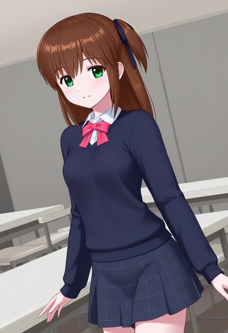1girl, solo, miraimaisaka, brown hair, long hair, green eyes, hair ribbon, two-side up, dark blue sweater, collared shirt, long sleeves, neck bow, plaid skirt, indoors, cafeteria, cowboy shot, parted lips, smile, standing, looking at viewer