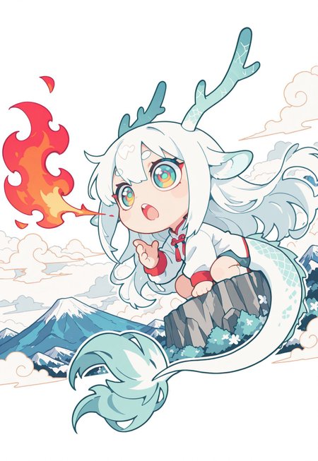 S4bit4mago_illu, anime style, s0wasow4rt_illu, masterpiece, newest, masterpiece, best quality, high quality, newest, highres, absurdres, <lora:sowasowart_style-000016:1>,score_9, score_8_up, score_7_up, concept, solo, extremely detailed, cartoon style, detailed background, detailed plants, thick outline, white outline, flat color, no lineart, blending, clouds, negative space, mountain in background, grand mountain, mt. fuji, open mouth, breathing fire, large flame, at an angle, dynamic angle,
masterpiece, best quality, very aesthetic, newest, solo, semi-realistic, jade eyes, 1 dragon girl, flowing hair, hair blown by the wind, white motif, large eyes, antlers, flat color, large white shirt, against white background, close up, thick tail, chibi rat