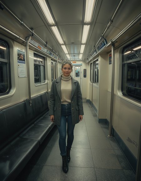 A modern subway train,Subw4y tr41n, in motion, with a single woman standing near the center of the train car, holding onto a shiny metal pole for balance as the train glides along the tracks. The woman is dressed casually yet stylishly, wearing a long black coat over a beige turtleneck sweater, paired with slim-fit jeans and ankle boots. Her hair is neatly tied back into a low bun, with a few loose strands framing her face. She has a thoughtful, calm expression, her gaze directed slightly downward as if lost in her own world. In her other hand, she holds a small tote bag, its strap looped over her wrist, with a paperback book peeking out from the top.
The subway car is clean but shows subtle signs of daily use. The walls are lined with muted gray panels, and the seats along the edges of the car are upholstered in a dark blue fabric, slightly faded from wear. Overhead, fluorescent lighting casts a bright, even glow across the interior, causing faint reflections on the polished floor, which is marked with the occasional scuff from commuters' shoes. Metal grab handles hang from above, gently swaying with the trainâs movement, and shiny steel poles are strategically placed throughout the car.
The windows on both sides reveal a blurry, motion-filled view of the dark subway tunnel, interspersed with flashes of graffiti-covered walls and dim utility lights. Above the windows, digital displays show the next stop in bright LED text, along with a route map that runs the length of the car. Small advertisements are mounted on the walls, showcasing everything from city events to product promotions, some with vibrant colors that add subtle contrast to the neutral tones of the train.
The atmosphere feels still and introspective, with the soft hum of the train and the occasional squeal of the wheels on the track. The train is sparsely occupied, with a few empty seats and subtle details like a forgotten coffee cup on one bench and a folded newspaper lying on the floor. The overall mood is quiet and reflective, capturing a moment of solitude and thoughtfulness during an ordinary subway ride.<lora:SDXLFaeTastic2400:0.4> <lora:extremely_detailed:0.4> extremely detailed, <lora:Subw4y_tr41n:1>, Masterpiece,best quality,hi res,8k,hi res,8k,award winning,(sharp focus, intricate, highly detailed),