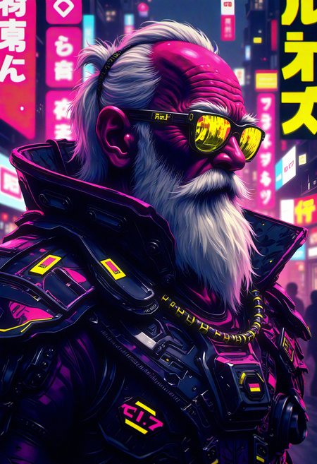 bo-cpposter, digital Illustration, cyberpunk poster,  Futuristic cyberpunk portrait of an elderly warrior with a thick white beard, wearing sleek, reflective sunglasses that filter neon lights. His rugged face, marked by age and experience, is illuminated by vibrant magenta and electric yellow hues, creating a strong contrast. The background features blurred cityscape elements with Japanese text and digital advertisements, enhancing the high-tech aesthetic. His armor is intricately detailed, combining organic shapes with mechanical features, reflecting a seamless blend of humanity and technology in a hyperrealistic style. The atmosphere is intense, evoking a sense of mystery and resilience against a bustling urban backdrop., <lora:FLUX Cyberpunk Poster\FLUX Cyberpunk Poster_epoch_5.safetensors:1.0:1.0>