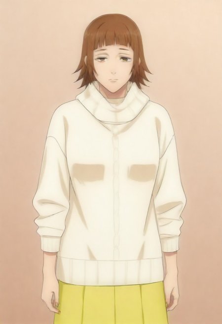 masterpiece, best quality, amazing quality,,, shiny skin,,,,,,,,yuozawa, brown_eyes, brown_hair, short_hair, blunt_bangs,, turtleneck, white_sweater, long_skirt, yellow_skirt,