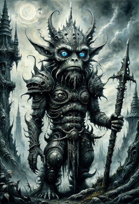 illustration of a little magical cute forest creature, large biomech tower in the background.  The creature IS holding a spear. fantasy art, intricate details, style Jean - Baptiste Monge, style Alan Lee, anthropomorphic insanity scene from a movie, dramatic shot angle, atmospheric particles, Real, raw cinematic photorealism, action portrait, 8k, detailed, centered, full frame, blue eyes, charcoal drawing by H.R Giger,  <lora:Charcoal2.0:0.4>