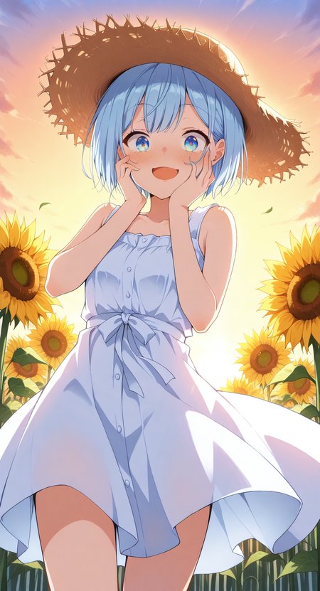 masterpiece, cute, lovely, (best quality:1.3), (amazing quality:1.3), high gradient eyes, very aesthetic, (1girl), (solo), flushed, (Aya_Style), close mouth, smile, Himari_Inuzuka, blue eyes, light blue hair, short hair, excited, BREAK, sunflower field. sunflower plantation, sunset, smile, BREAK, summer dress, summer hat, white dress, straw hat, sunset, cowboy shot, view from below, wind_lift, dynamic angle,  (surprise, surprised face, one hand on face, take by surprise, pretending to be surprised), expressions surprise