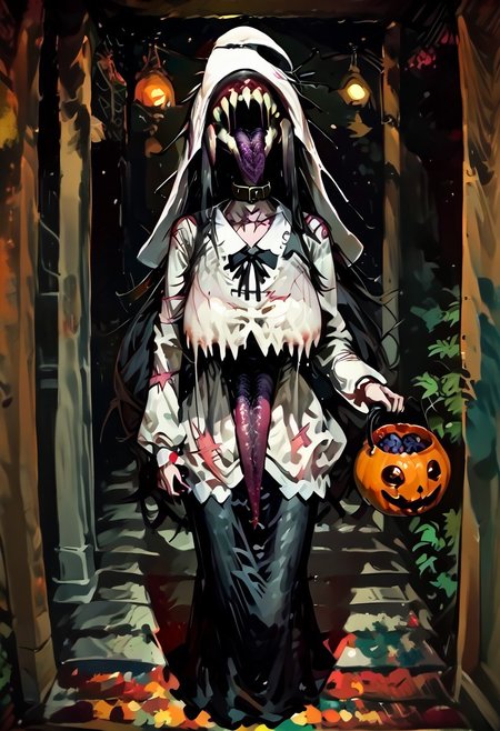 score_9, score_up_8, masterpiece, best quality, explicit, 
hasshaku-sama, mature woman, large woman, tall woman, sagging breast, enormous breast, long hair, black hair, horror (theme), collar bone, bony body, skinny, anorexic, fall season, trees, red yellow and orange leaves, falling leaves, night,  Expressiveh,  
 teeth, tongue, open mouth, horror, blood, (((stiches, scars))), black tongue, very long tongue, black tears, full body, tr1ck0rtr3at, holding, halloween bucket, doorway, street background, white bloodstained dress, white sunhat, covered breasts
