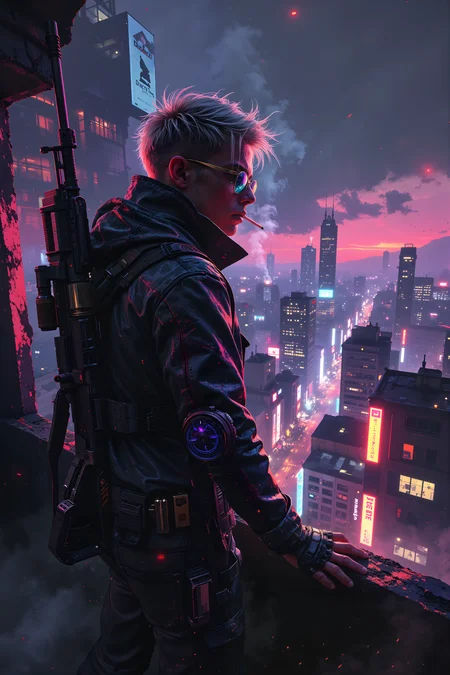 On the rooftop of a neon-lit cityscape, a sleek, cyberpunk rebel with platinum-blond hair and a sharp undercut stands at the edge, overlooking the endless sprawl below. His high-collared, holographic jacket shimmers between deep purples and electric blues, reflecting the flashing advertisements that hover in the air. A glowing cigarette dangles from his lips, leaving a faint trail of cyan smoke as he exhales, his expression effortlessly cool and unreadable. His cybernetic arm, detailed with sleek black plating and neon circuitry, flexes as he adjusts the high-tech sniper rifle slung across his back. The wind tugs at his jacket, revealing the gleaming silver pistols strapped to his thighs, each engraved with intricate, glowing symbols. Below, the streets are alive with a symphony of pulsing bass, flickering neon, and the distant hum of flying cars. His mirrored sunglasses reflect the chaos below, concealing eyes that have seen too much and care too little. He rolls his shoulders, cracks his knuckles, and grinsâthe night is young, and heâs got business to handle. , detailed background  Fantastic lighting. Detailed shadows.intricate details, vivid colors, hyper-detailed, ultra-sharp, , <lora:Luminous_Shadowscape-000016:0.4><lora:black_fantasy_1.0:0.4><lora:Glitchcore_Flux:0.4><lora:- Flux1 - vanta_black_V2.0:0.4>