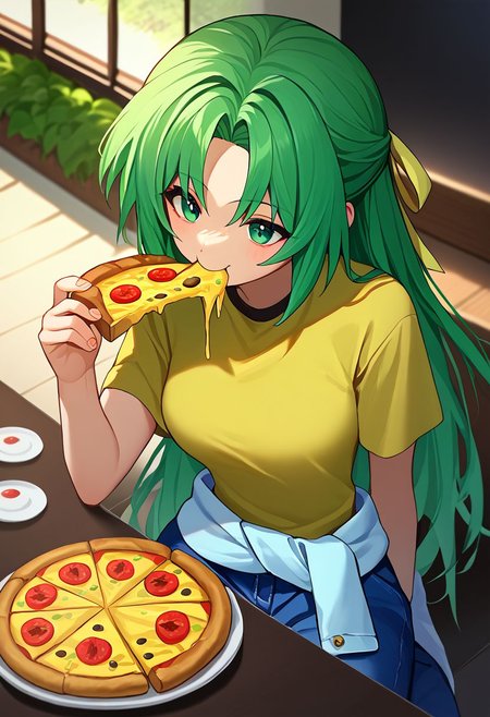 score_9, score_8_up, score_7_up, 1girl, solo,  ShiiSchool, green hair, long hair, green eyes, hair ribbon, <lora:Shion lorer 4-000007:1> <lora:MionCAME2:1>  yellow T-shirt,white clothes around waist, jeans, restaurant, pizza, eating pizza,