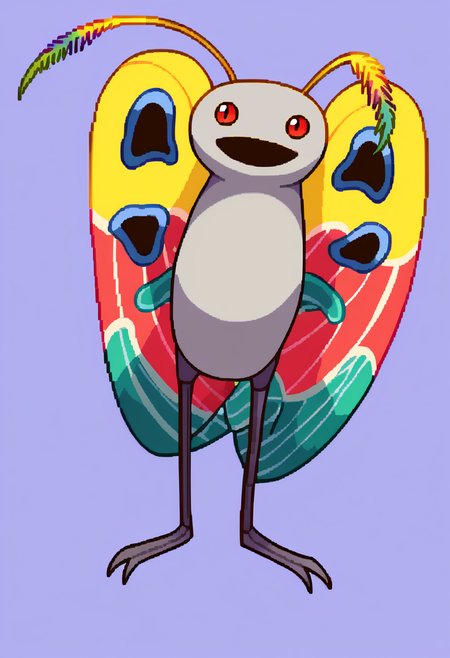 score_9, score_7_up, BREAK, solo, looking at viewer,  <lora:CPS2-pdxl_Fp:1>, simple background, full body, pixel art, pokemon \(creature\), <lora:Mothman-pdxl_Fp:1>, mothman, red eyes, open mouth, antennae, grey skin, wings, smile,