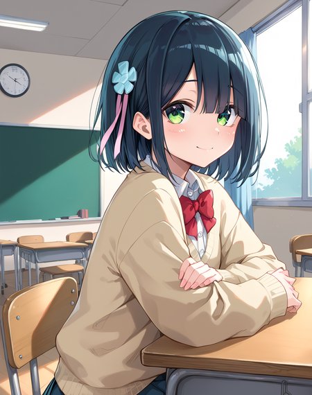 tsuyu-chan, black hair, short hair, green eyes, school uniform, hair ornament,red bow, shirt, ribbon, white shirt, beige cardigan, long sleeves  BREAK indoors, classroom, sunset  BREAK shy smile, from side, looking at side, sitted on chair, arms on desk BREAK score_9, score_8_up, score_7_up, source_anime ,zPDXL, perfect hand, <lora:Tsuyu-chan:0.8>