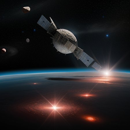 In the mining operation within Odysset's rings, massive platforms and interconnected structures sprawl across the cosmic expanse. Bright floodlights cut through the darkness, revealing workers clad in rugged space suits maneuvering among towering cranes and robotic arms. Transport vessels dart back and forth against the backdrop of the star-studded void, ferrying payloads of ore to processing facilities stationed on nearby asteroids. The scene is a symphony of activity amidst the celestial silence, with the distant glow of the planet Odysset providing a serene backdrop to the bustling industrial operation., BREAK, (sci-fi, futuristic, space, asteroid:1.3), BREAK, <lora:detailed_notrigger:1>,   <lora:Expanse_Science_Fiction_Comic_Style_SDXL:1> expnscom