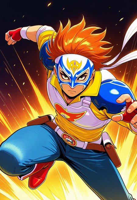 masterpiece, best quality, amazing quality, very aesthetic, absurdres, newest, 1boy, arthuffl3 wearing a luchador mask, brown-orange hair, long white headband, blue shoulder pads, white breastplate, yellow shirt, blue jeans, belt with holster, red fingerless gloves, red boots, ((action pose)), close up, looking at viewer, jumping, serious, wrestling mask, luchador, solo
