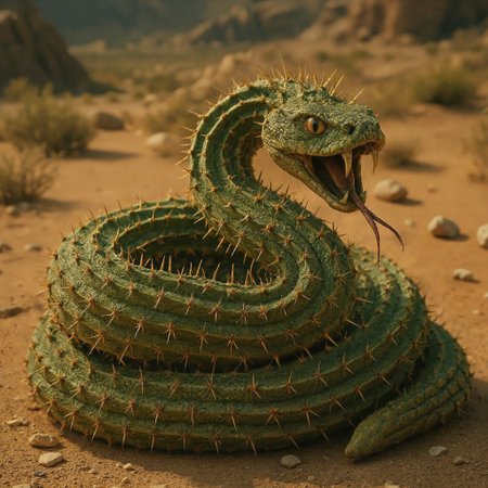 A Documentary wildlife photograph, of a hyperrealistic depiction of a surreal and imaginative desert creature—an extraordinary hybrid of a rattlesnake and a cactus—coiled tightly upon itself in a defensive posture. The creature has the overall anatomy and muscular form of a large venomous snake, with its long body coiling and looping in layers, but its texture, surface, and details are entirely botanical in nature, resembling a living cactus rather than reptilian scales. The colour of the creature is a rich desert green, with patches of dusty olive and hints of sun-faded yellow-green across the segments of its body. The skin is matte and rough, like the ridged surface of a mature cactus, complete with visible areoles and fibrous ridges.

Dozens—perhaps hundreds—of sharp, needle-like spines protrude from every segment of its body. These thorns are perfectly spaced, sharp, and slightly curved outward, casting thin, pointed shadows against the creature’s skin in the warm desert light. Each thorn glows subtly at the tip in the ambient sun, hinting at natural iridescence or biological adaptation. The density and symmetry of the spikes create a hypnotic pattern across its coiled form, combining the natural defense mechanisms of both cactus and snake into a perfect fusion of flora and fauna.

The head of the creature is unmistakably reptilian in structure but remains consistent with its cactus biology. Its face has defined, symmetrical features, a slightly raised brow, and golden, slit-pupil eyes that glint with alertness and intelligence. The surface of the face is textured like cactus flesh, with tight scales replaced by rugged, fibrous cactus ridges. Along the top of its head are additional clusters of spines, giving it a slightly crested silhouette, almost like a thorny crown. Its nostrils and mouth are clearly defined, but rather than wet, scaly flesh, they appear as dry, split segments in the plant-like surface—almost like a cracked desert husk.

Its tongue is  visible in this scene, mouthopen wide fangs showing and dripping poison , showing the suggestion of movement or intention—in the middle of a strike, The creature’s overall posture is one of readiness and latent threat, yet it also carries a strange beauty, perfectly adapted to the harsh, arid environment it must inhabit. The background is softly blurred, consisting of earthy desert tones: warm brown sand, distant beige rock formations, and dry shadows. The lighting is soft and natural, possibly during the golden hour, which gives the creature’s green and golden hues a subtle glow and enhances the contrast between the thorns and the matte body surface.

The depth of field is shallow, with the background softly out of focus, allowing all attention to remain on the creature’s form. Its body is coiled in a complex, elegant loop, overlapping in ways that reveal the mechanical precision of its biological structure. The layering of its coils adds depth, texture, and movement to the composition, creating a sense of realism despite the fantasy concept.

The overall tone is mysterious, otherworldly, and slightly unsettling—yet also mesmerising. This hybrid creature could easily exist in a post-apocalyptic biome, an alien world, or a magically transformed desert landscape. The blending of flora and fauna feels seamless, with attention to texture, anatomy, and lighting that makes the creature believable within a fantastical context..4k, 8k,  highly detailed, cinematic,  8k, dramatic lighting, high detail, highly detailed, hyper realistic, intricate, intricate sharp details,  35mm photograph, film, bokeh, professional, 4k, highly detailed