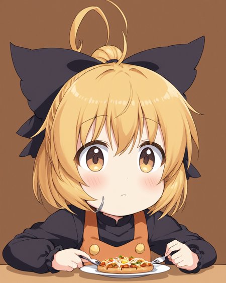 kurodani yamame,1girl, solo, ?, hair_bow, fork, ponytail, food_on_face, blush, dress, long_sleeves, brown_background, simple_background, eating, hair_ribbon, upper_body, ahoge
<lora:kurodani_yamame_image2914_2023-12-17-000008:1>,star-shaped_pupils,symbol-shaped_pupils,. gorgeous,key visual, vibrant, studio anime,award-winning, professional, highly detailed,high budget, cinemascope