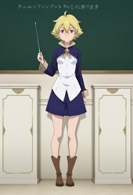 classroom for heroes style, Eliza, 1girl, solo, short hair, blonde hair, hair between eyes, ahoge, blue eyes, small breasts, school uniform, glasses, blue jacket, white shirt, blue skirt, brown boots, standing, holding pointer
BREAK
inside meeting room, chalkboard, podium
BREAK
<lora:Classroom_for_Heroes_character_pack_Illustrious:1>