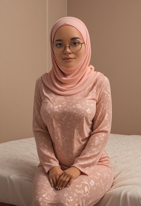 <lora:Mala2:1> 1girl, coll-malas, solo,hijab, round glasses, sitting on a comfy bed