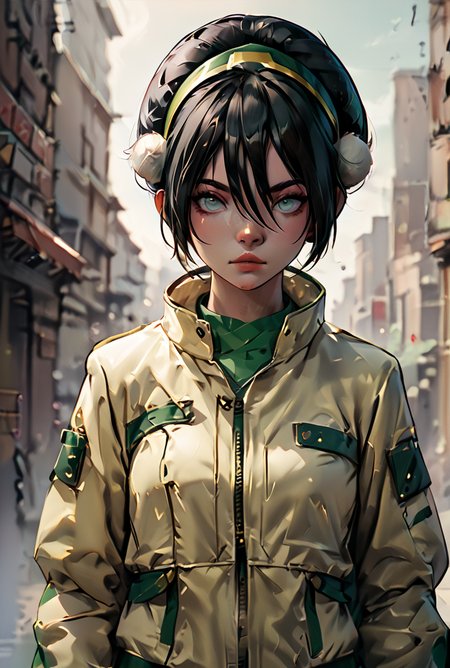 score_9, score_8_up, score_7_up,score_6_up, score_5_up, score_4_up,  BREAK
techwear,  <lora:TechWearPony:0.8>,
 1girl, solo, looking at viewer,front view,jacket,earth nation clothing
 <lora:Toph_ponyXL:0.6>,toph,