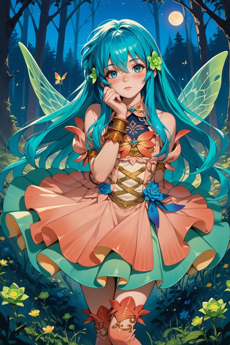 score_9, score_8_up, score_7_up, score_6_up, source_anime, 1girl, solo  <lora:resplendenteirika-pdxl-nvwls-v1-000005:1> rsEir, cyan hair, long hair, hair between eyes, hair flower, green flower, pink dress, gradient clothes, insect wings, bracelet, gradient thighhighs, night, forest, looking at you, blush