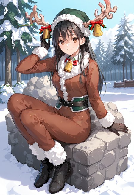 1girl, solo, park, full body,   <lora:KC_03HC_chikuma_pony:1> chikumakc, black hair, long hair, brown eyes,        chikumaxmaskc, reindeer_costume, antlers, neck bell, head bell, belt, santa hat, green hat, black shoes,, score_9,score_8_up, score_7_up, source_anime, masterpiece, best quality,  official art, official style, game cg, megami magazine, rating_safe, rating_questionable, <lora:Fixhands_anime_bdsqlsz_V1:0.75>, NEGATIVE_HANDS