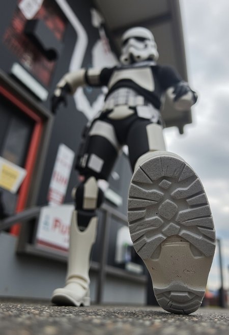 Photograph of POV getting stepped on.  Photograph of stormtrooperflux viewed from below with the emphasis on the bottom of his large boot in the foreground.