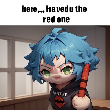 score_9, score_8_up, 1girl, solo, <lora:hauntedBeanPlushieThatWill_v10:1> haunted bean plushie,  <lora:NSRedOneMeme:1> NSRedOneMeme, upper body, holding, english text, from side, looking at the viewer, blue hair, green eyes, white shrit