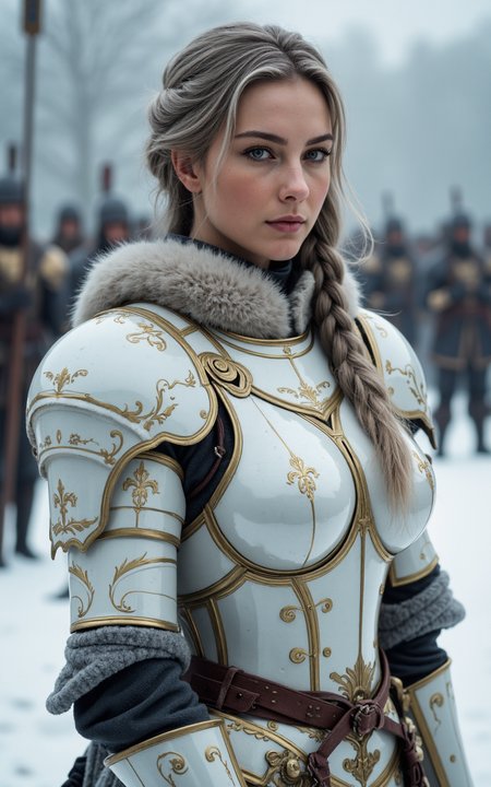 mid-body portrait of a naturally beautiful female knight in white and gold medieval armor, heavy chest plate sculpted over her large bust, soft fur-lined collar, long silver hair braided over shoulder, candid serene expression, snowy background with distant battle remnants, photorealistic, cinematic lighting




fmlas-mk.1



