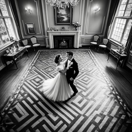 1male, 1female, Graceful couple in stunning vintage outfits, dancing elegantly with poise in a vintage-era setting, retro black and white theme, capturing timeless elegance, focus on the couple as they move gracefully together, with a collection of cherished couple photos displayed in the background, viewed from a bird's-eye perspective, adding depth and a unique angle, enhancing the nostalgic and romantic ambiance.
