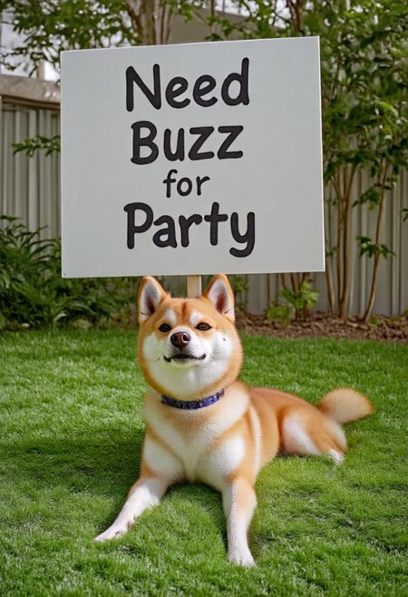 photorealistic, Shiba Inu, Doge with  visually striking color outside, grass, holding up a sign with his paws that says "Need Buzz for Party"