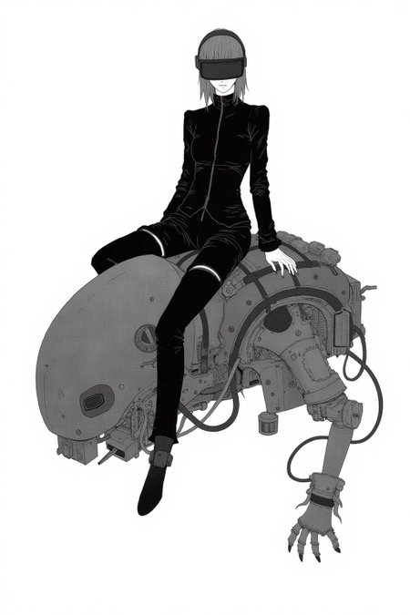 kchiba1 illustration. 
A striking, futuristic scene depicts a woman dressed in sleek, form-fitting leather attire, sitting confidently atop an open power suit, inspired by the cyberpunk aesthetics of Masamune Shirow. The power suit, a blend of advanced technology and military-grade armor, features intricate mechanical details, exposed wiring, and a robust, yet streamlined design. The woman, wearing a cutting-edge VR headset, exudes a sense of control and mastery over the machine beneath her. Her posture is relaxed yet commanding, with one hand resting on the suit's metallic surface and the other casually holding a piece of advanced tech. 
The background is stark white. 
 <lora:kchiba1_cap_d6a3:1.0><lora:837670372787794685:0>