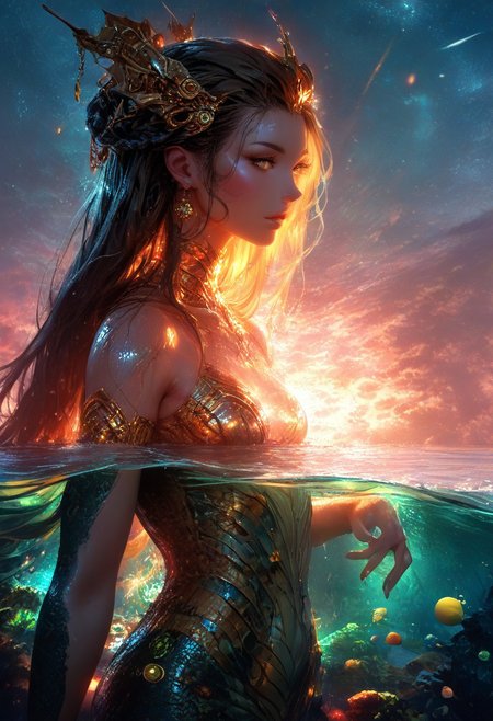 (score_9, score_8_up), score_7_up, zPDXL, solo, zPDXL3, <lora:MythAnim3Style:0.8>, MythAn1m3, character, source_anime, 1girl, mermaid, Iridescent eyes, aquatic scene, dreamlike atmosphere, mystical, ethereal light, detailed textures, whimsical, rippling, dripping, water element, very long cascading hair, water, very beautiful, sexy, sexy body, beautiful body, scales, wet body, Iridescent scales, bubbles, water drops, Iridescent skin, multi colored eyes, partially underwater shot, bioluminescent skin, bioluminescent, glowing, bioluminescent scales, bioluminescent hair, bioluminescent scales, FastNegativeV2, laser light clothes, submerged breast, water line on lense, view from under water, waterline, great lighting, seashells details, metallic details, hair ornaments, gems, sunset, bioluminescent tattoos, coastal  landscape background, long hair braids,  wet transparent clothing, translucent clothing, bodysuit with flowing sleeves, dark hair