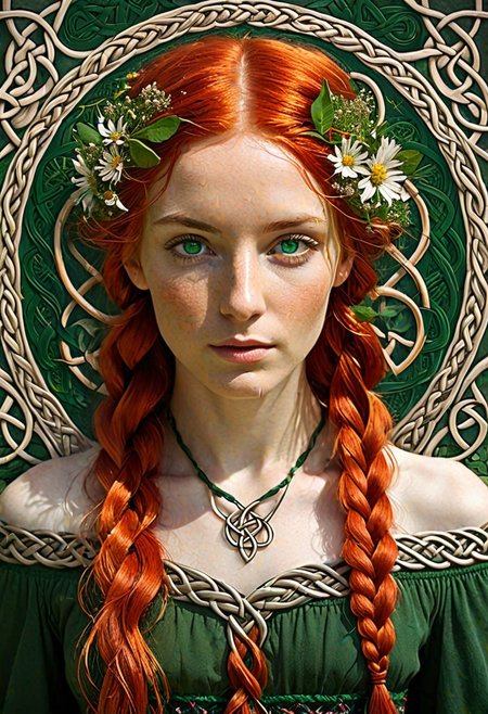 Celtic lorekeeper, woman, fiery red hair (long and flowing), emerald green eyes (wise and knowing), intricate Celtic braid (woven with wildflowers), detailed, aged skin, mystical symbols (optional:0.7), soft, ethereal light, art nouveau style