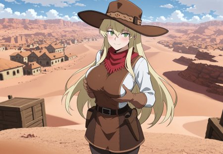 masterpiece, best quality, newest, absurdres, very aesthetic, Doya, 1girl, solo, cowboy shot, 
(blonde hair, long hair, bangs between eyes, sidelocks), green eyes, big breasts, 
(brown wide-brim hat), brown vest, white undershirt, red scarf, long-sleeves, brown gloves, brown skirt, (belt, belt buckle, belt pouches, holsters), black pantyhose, 
smile, looking at the viewer, (closed mouth), blush,
outdoors, sunny weather, town, old west, desert,grabbing own breasts