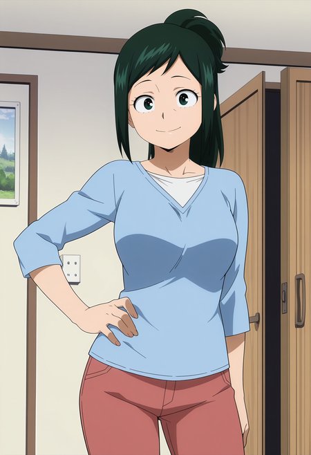 1girl,solo,mm,mature female,green hair,green eyes,ponytail,anime coloring,
shirt,pants,cowboy shot,hand on own hip, looking at viewer, smile,indoors,
,masterpiece,best quality,amazing quality,<lora:Midoriya_inko-My_Hero_Academia_ix:0.8>