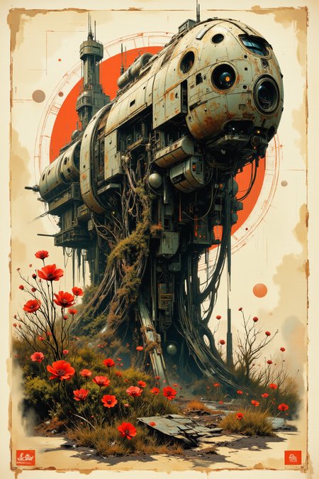 Impressionism art of a visual high-contrast etching-style sticky image. A gigantic and colorful blueprint of a cold gigantic mech, surrounded by arresting poppies, dilapidated and abandoned, an ancient broken down derelict reclaimed by nature, with twisted vines and moss creeping through it. An abstract geometric gradient dapples the simple background. a detailed, high-contrast etching-style image, in the manner of Giovanni Battista Piranesi's plates from "Le Antichità Romane", rendered with deep lines and fine details, painterly, using small, visible brushstrokes.