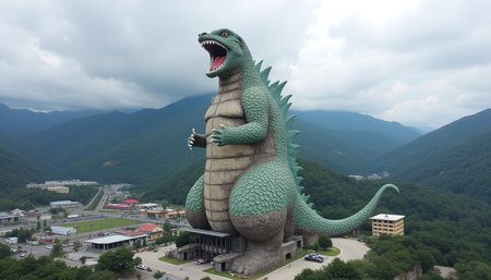 a dread scene of a 350 story tallest in the world freshly painted shocked godzilla novelty architecture building that operates as a dam in a mountain town.
