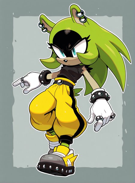 1girl, solo, full body, no humans,
<lora:Surge-the-Tenrec_v4:1> surge the tenrec, black face, aqua eyes, hair down, long hair, piercing, earrings, studded bracelet, 
white gloves, ring, black shirt, torn sleeves, yellow pants, baggy pants, belt, grey sneakers, yellow sneakers,, extremely detailed, highres, masterpiece, best quality